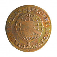 Moeda C-055 XX Réis 1735 MBC+ Data entre Cruzetas Carimbo de Escudete c/ sinal de verniz Cobre Ø36mm 14,34gr.