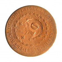 Moeda C-594 20 Réis 1830 R BC/MBC c/ Carimbo Geral 10 Cobre Ø30mm 7,17gr.