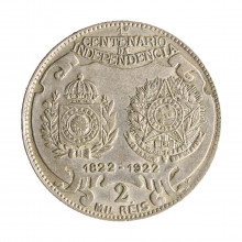 Moeda P-709a 2000 Réis 1922 MBC+ 1º Centenário da Independência do Brasil Prata 500 Ø26mm 8gr.