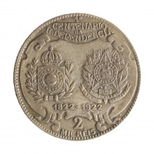 Moeda P-709A 2000 Réis 1922 MBC+ 1º Centenário da Independência do Brasil Prata 0.500 Ø26mm 8gr.