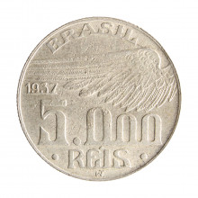 Moeda P-722 5000 Réis 1937 MBC Santos Dumont Prata 0.600 Ø27.5mm 10gr.