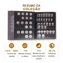 Coleção de Moedas do Brasil Cruzeiro 1975 - 1994 Anos Inflacionários Semicompleto (114/115) no Álbum de Luxo