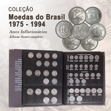 Coleção de Moedas do Brasil Cruzeiro 1975 - 1994 Anos Inflacionários Semicompleto (114/115) no Álbum de Luxo