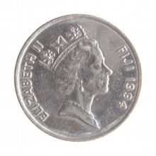 Moeda KM#53a 20 Cents 1994 SOB Fiji Oceania Busto Rainha Elizabeth II Aço Revestido de Níquel Ø28,5mm 10,78gr