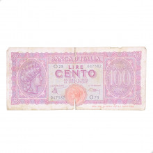 Cédula P#75a 100 Lire 1944 c/ Rasgo Itália Europa UTG