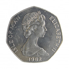 Moeda KM#101 50 Pence 1982 SOB Ilha de Man Europa Troféu Turístico Rainha Elizabeth II Cuproníquel Ø30mm 13,5gr