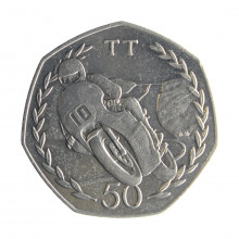 Moeda KM#101 50 Pence 1982 SOB Ilha de Man Europa Troféu Turístico Rainha Elizabeth II Cuproníquel Ø30mm 13,5gr