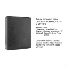Álbum Fichário para Cédulas Moedas Selos Cartão Telefônico Ziper Cobra XL