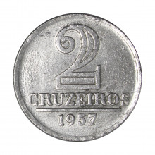 Moeda V-279 2 Cruzeiros 1957 MBC C/ Sinais de Limpeza Alumínio Ø25mm 2.7gr.