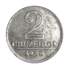 Moeda V-280 2 Cruzeiros 1958 MBC C/ Sinais de Limpeza Alumínio Ø25mm 2.7gr.