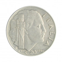 Km#75b 20 Centésimos 1940 (XVIII) R (Roma) MBC+ Itália Europa Aço Inoxidável 21.7(mm) 4(gr)