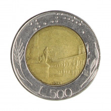 Km#111 500 Liras 1988 R MBC Itália Europa Bimetálico: Núcleo de bronze alumínio e de aço inoxidável 29.3(mm) 11(gr)