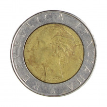 Km#111 500 Liras 1985 R MBC Itália Europa Bimetálico: Núcleo de bronze alumínio e de aço inoxidável 29.3(mm) 11(gr)