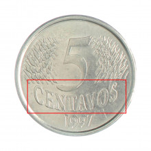 Moeda V-445 5 Centavos 1997 MBC Batida Dupla "Centavos" Aço Inoxidável Ø21mm 3,3gr.
