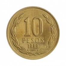 Km#218 10 Pesos 1989 SO MBC Chile  América  Níquel com revestimento de latão  21(mm) 3.5(gr)