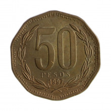 Km#219.2 50 Pesos  1997 SO MBC Chile  América  Cobre-alumínio-níquel 25(mm) 7(gr)