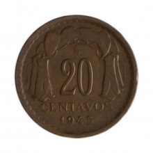 Km#177 20 Centavos 1945 SO MBC Chile  América  Cobre 18(mm) 3(gr)