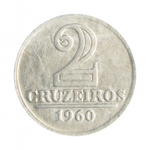 Moeda V-282 2 Cruzeiros 1960 MBC C/ Sinais de Limpeza Alumínio Ø25mm 2.7gr.