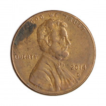 Moeda Km#468 1 Cent 2014 D MBC Estados Unidos América  Lincoln Cent Escudo Zinco com Revestimento de Cobre  Ø19,05mm 2,5