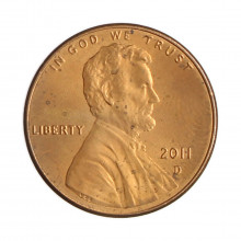 Moeda Km#468 1 Cent 2011 D MBC Estados Unidos América  Lincoln Cent Escudo Zinco com Revestimento de Cobre  Ø19,05mm 2,5