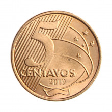 Moeda V-485 5 Centavos 2019 SOB Aço Revestido de Cobre Ø22mm 4,1gr.*