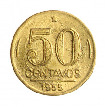 Moeda V-222 50 Centavos 1955 MBC C/Sinais de Limpeza Bronze Alumínio Ø21mm 5gr.