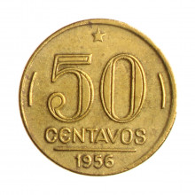 Moeda V-223 50 Centavos 1956 MBC C/Sinais de Limpeza Bronze Alumínio Ø21mm 5gr.