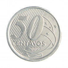 Moeda V-554 50 Centavos 2009 MBC+ Cunho Quebrado Aço Inoxidável Ø23mm 7,8gr.