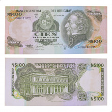 Cédula P#62a 100 Nuevos Pesos 1987 c/ manchas Série G Uruguai América SOB/FE