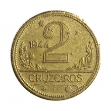 Moeda V-240 2 Cruzeiros 1944 MBC C/Sinais de Limpeza Bronze Alumínio Ø25mm 8gr.